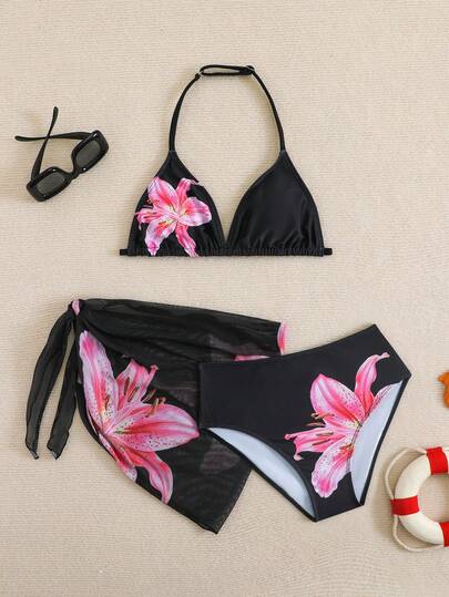 SHEIN Teen Girls 3 PiecesBikini Set, Black Floral Halter Triangle Top, Triangle Bottom, Sarong, Fashionable & Elegant Swimwear Suitable For Swimming, Vacation, Summer Flower Swimsuit Hibiscus Swimsuit Black Flower Swimsuit Teen Girl Swimsuit Black 3 Piece Bikini Set Three Piece Swimsuit Set Bathing Suits 3 Piece Swimming Suits For Woman Teen Dress Beach Two Piece Set Teens Swim Suit Beachwear For Teens Two Piece Set Girls Two Piece Bathing Teen Teen Girl Swimsuit Two Piece Swimsuits For 14 Year Old Two Piece Yong Girl Outfits Swim Wear 20 Modest Bikini Set Summer Two Piece Set Teens Swim Suit Girls Swim Two Piece Kids Swimsuit​ Children's Swimwear Bikini Set Black And Pink Flower Swimwear Girls Set Bathing Suit Sets Bathing Suits For Teen Black Hibiscus Black And Pink Flower Bikini Set Bikini Set For Teen