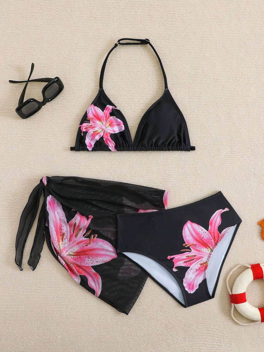 SHEIN 少女三件套比基尼,黑色碎花挂脖三角上衣、三角泳裤、纱笼,时尚优雅泳装,适合游泳、度假、夏季穿着 - 黑色 - 查看 1