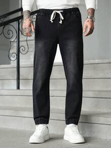 Manfinity Homme 男士抽绳腰带口袋直筒宽松休闲百搭牛仔裤 - 黑色 - 查看 3