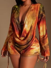 Radiana Plus Size Women's Rust Orange Marble Tie-Dye Mesh 3Pcs Set,Summer,Elegant,Vacation,Wedding Ninang,Holiday Beach Bikini Cover Up Shorts Outfit Fall - Multicolor - View 3