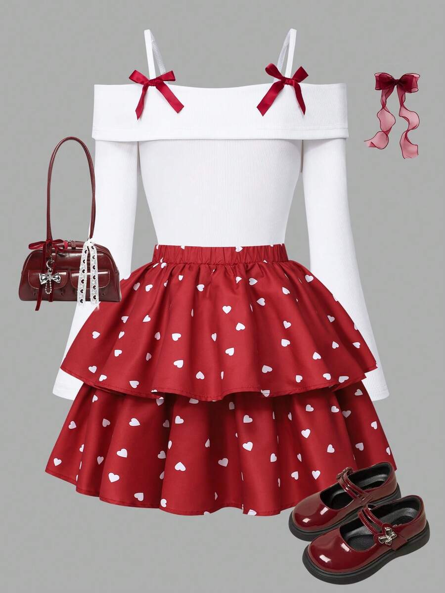 SHEIN Sparklyn 少女时尚优雅T恤套装，白色针织上衣搭配黑色梭织蛋糕裙，上衣饰有黑色蝴蝶结，裙子饰有珍珠。 - 酒紅色 - 查看 1