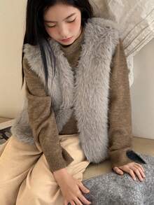 DAZY Tween Girls' Solid Color Casual Loose Faux Fur Vest, Autumn/Winter - Grey - View 4