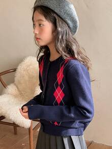 DAZY 少女日常通勤学院风菱格纹纽扣开衫，秋冬款 - 藏蓝色 - 查看 7