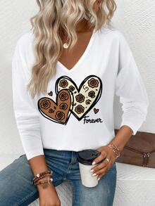 EMERY ROSE 女士玫瑰爱心印花V领长袖T恤，休闲百搭，春夏款 - 白色 - 查看 4