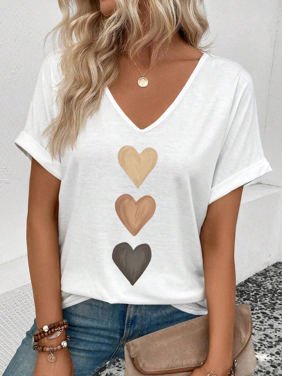 EMERY ROSE Damska koszulka z dekoltem w serek i mankietami, nadruk w kształcie serca w odcieniu ombre, uniwersalna, na co dzień, wiosna/lato - Biały - Zobacz 1