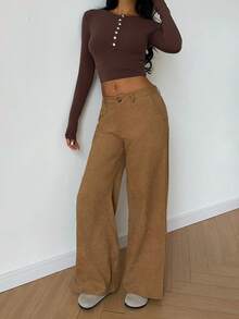 Flirla 女式休闲时尚灯芯绒高开叉宽松直腿及地长裤，秋冬款 - 卡其色 - 查看 3