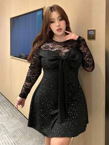 Vibekara 大码女式性感甜美紧身网纱蕾丝亮片拼接连衣裙 - 黑色 - 查看 4