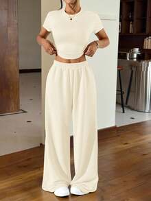 SHEIN EZwear 2 件套夏季灰色紧身短袖 T 恤和宽松运动裤，休闲装