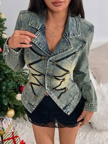 Rivivi 女士露脐Y2K复古怀旧修身牛仔外套 - 深色水洗藍 - 查看 1