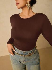 Travachic 加大码女式黑色长袖圆领保暖内衣，腰部褶皱收腹T恤 - 棕色 - 查看 6