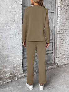 SHEIN PETITE 2 件套女式长袖运动衫和裤子套装，运动衫上衣配抽绳连帽衫，松紧腰裤 - 摩卡棕 - 查看 2