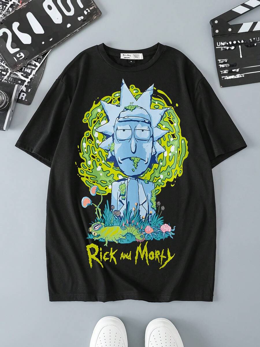 Rick and Morty X SHEIN 男士休闲趣味卡通字母印花短袖黑色 T 恤，夏季 - 黑色 - 查看 1