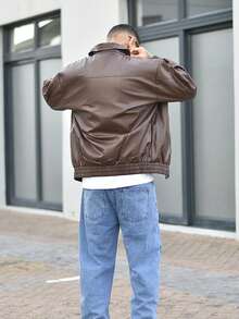 Devon Thys Men's Casual Loose Fit Business PU Leather Jacket, For Fall, Grunge - Brown - View 2