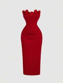 SHEIN MOD 红色3D立体花朵褶皱修身抹胸中长连衣裙，适合秋季婚礼宾客、返校节、情人节等场合。