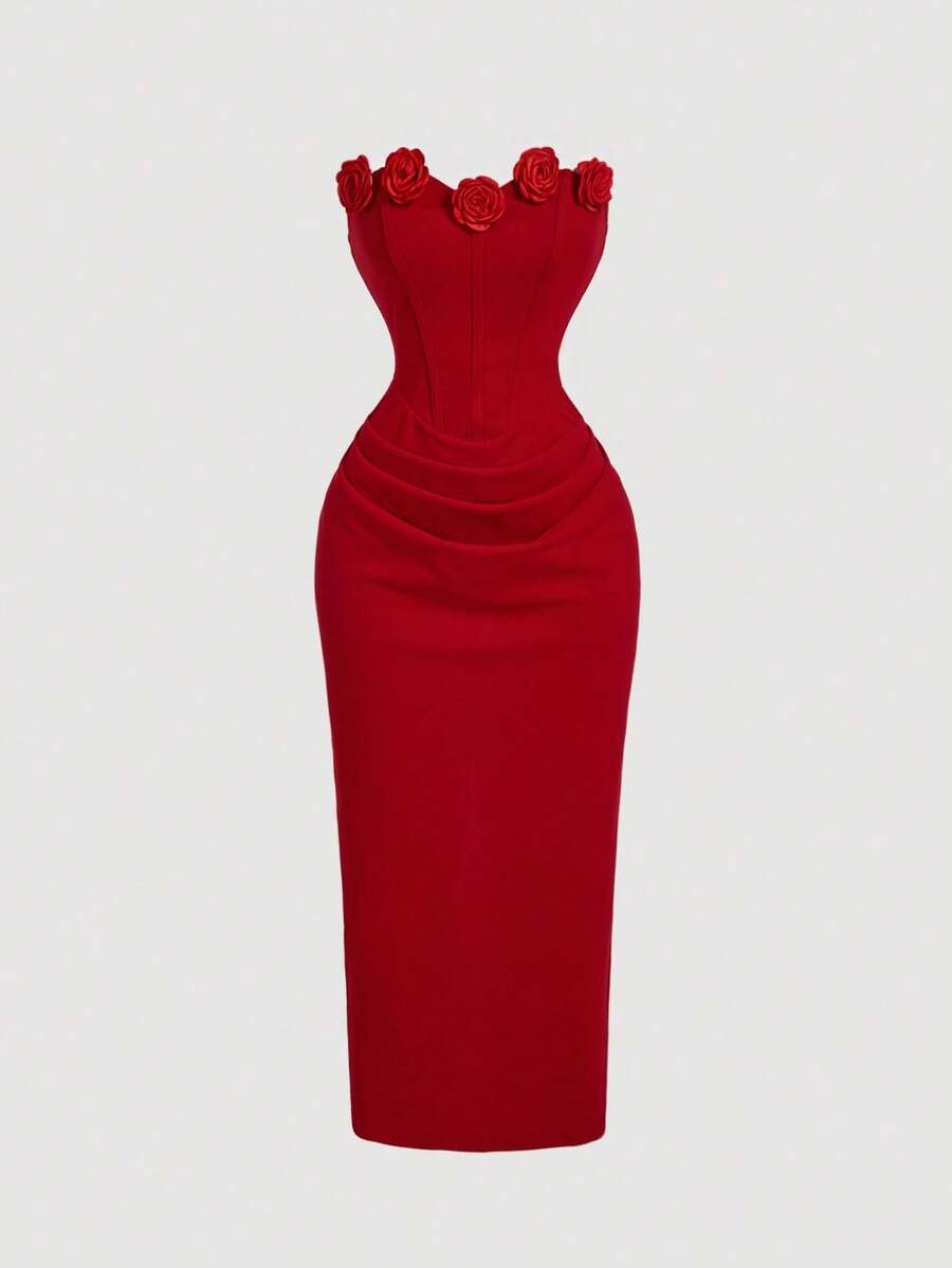 SHEIN MOD 红色3D立体花朵褶皱修身抹胸中长连衣裙，适合秋季婚礼宾客、返校节、情人节等场合。