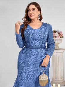 Coutiva 大码优雅华丽亮片刺绣V领长袖珍珠水钻设计秋冬连衣裙，适合日常穿着、派对、晚宴、婚礼宾客等场合。 - 藍色 - 查看 3