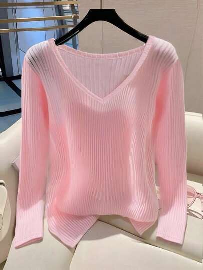 Franclia Women's V-Neck Casual Slim Ribbed Crew Neck Long Sleeve T-Shirt Fall Cloth For Women