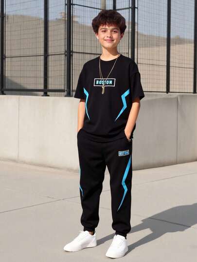 Vacaura 2件套青少年男童休闲黑色和天蓝色亮片印花短袖T恤和裤子套装，适合春夏户外活动