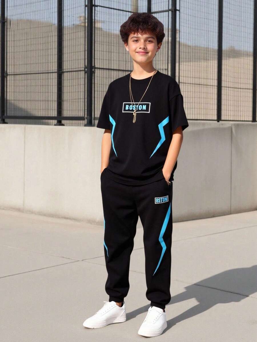 Vacaura 2件套青少年男童休闲黑色和天蓝色亮片印花短袖T恤和裤子套装，适合春夏户外活动