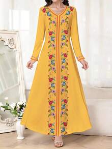 Al Najma 优雅女士V领春秋季针织长袖印花连衣裙，适合约会、度假、日常穿着、休闲、派对、节日等场合，秋季女士长裙，飘逸长裙，印花长裙/复古连衣裙，植物印花连衣裙，黄色连衣裙 - 黃色 - 查看 5