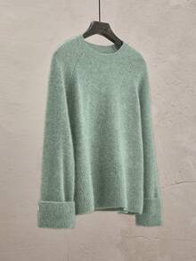 Franclia Women's Solid Color Round Neck Raglan Sleeve Sweater And Knitted Skirt 2-Piece Set - Green - View 3