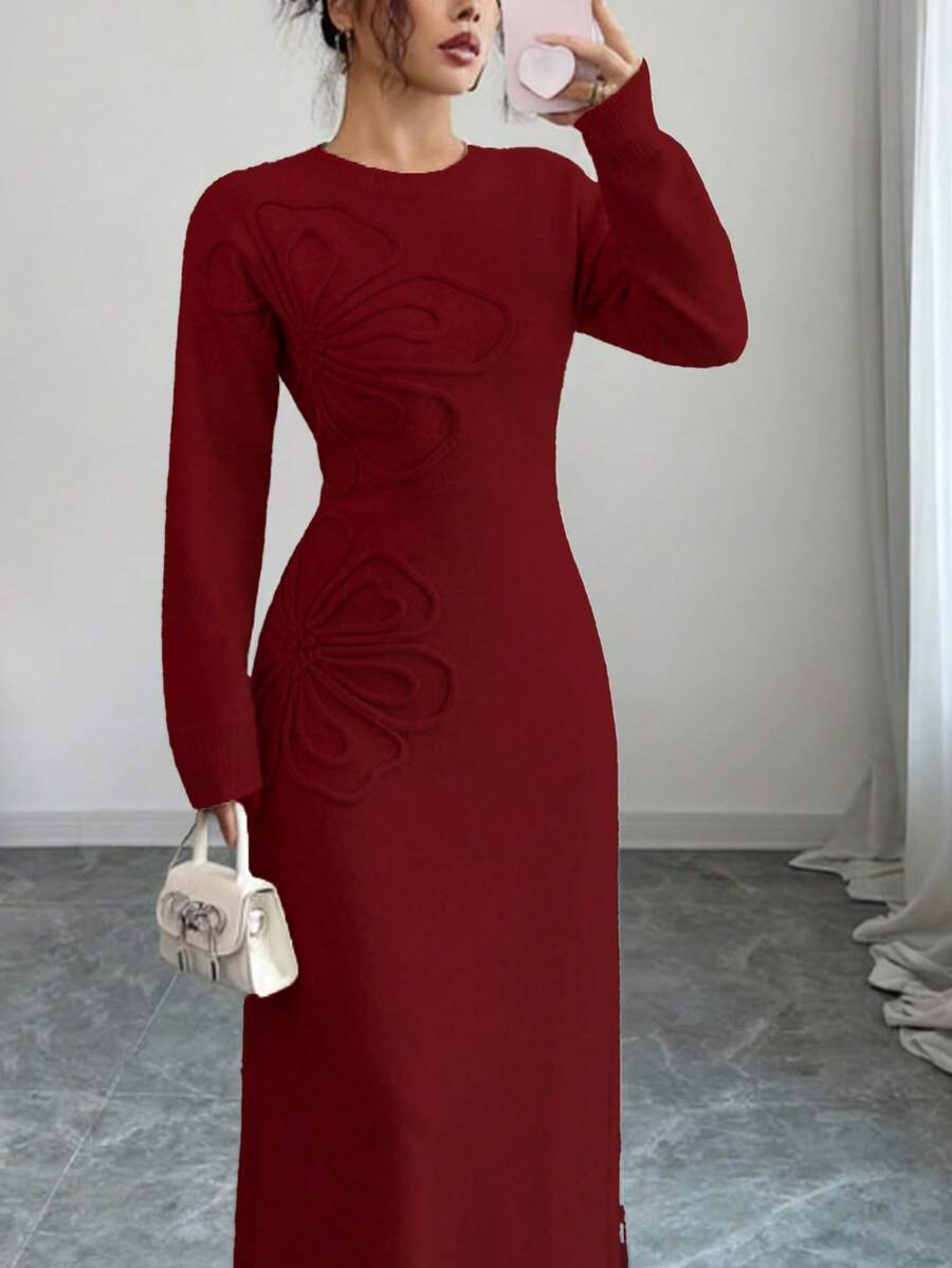 Selianne 女士纯色圆领长袖碎花修身针织连衣裙,秋冬款 - 酒紅色 - 查看 1