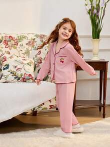 2pcs Young Girl Simple Cute Coral Pink Cherry Embroidered Long Pants And Loose Fit Long Sleeve Homewear Set - Coral Pink - View 4