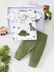 SHEIN 新生男宝宝白色条纹卡通恐龙图案拼接绿色口袋短袖上衣配绿色裤子两件套可爱休闲运动时尚新品 - 綠色 - 查看 3
