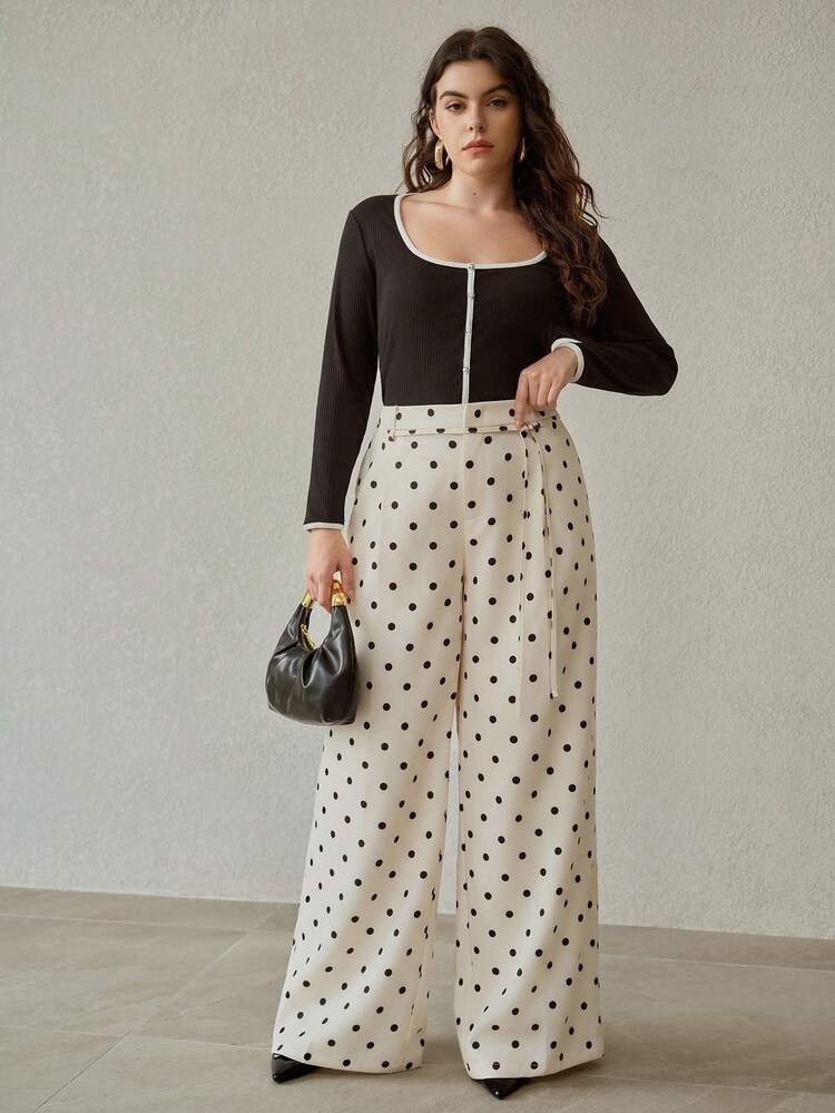PLUS SIZE WOMEN'S ELEGANT POLKA DOT PRINT WIDE LEG PANTS, SPRING/SUMMER