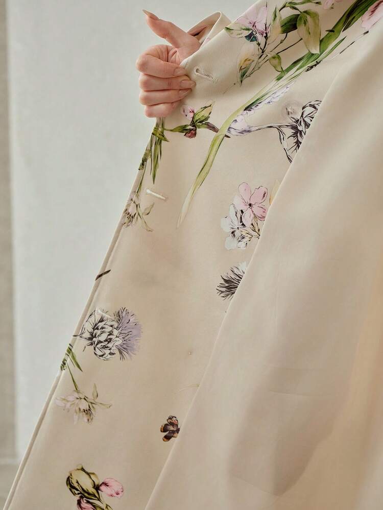 PLUS SIZE FLORAL PRINT LAPEL COLLAR SLANT POCKET BUCKLE BELTED LONGLINE TRENCH COAT