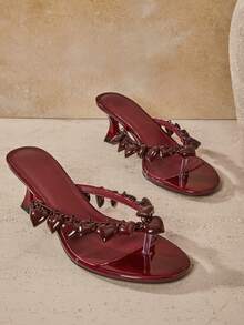 SHUZIA 女士爱心装饰日常女性派对可爱性感套脚高跟人字拖凉鞋 - 酒紅色 - 查看 4