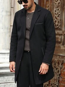Manfinity Mode 男士加大码前开襟长袖口袋休闲商务外套，适合作为礼物送给朋友、丈夫或男友。男士黑色外套，男士双排扣外套，男士系带外套，男士长款外套，男士外衣，优雅高端的教堂风格，适合秋冬季节穿着。 - 黑色 - 查看 5