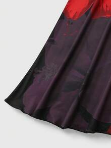 SHEIN Franclia Women's Fashionable Red & Black Floral Print Flare Sleeve Long Dress, Valentine's Day Dress - Multicolor - View 4
