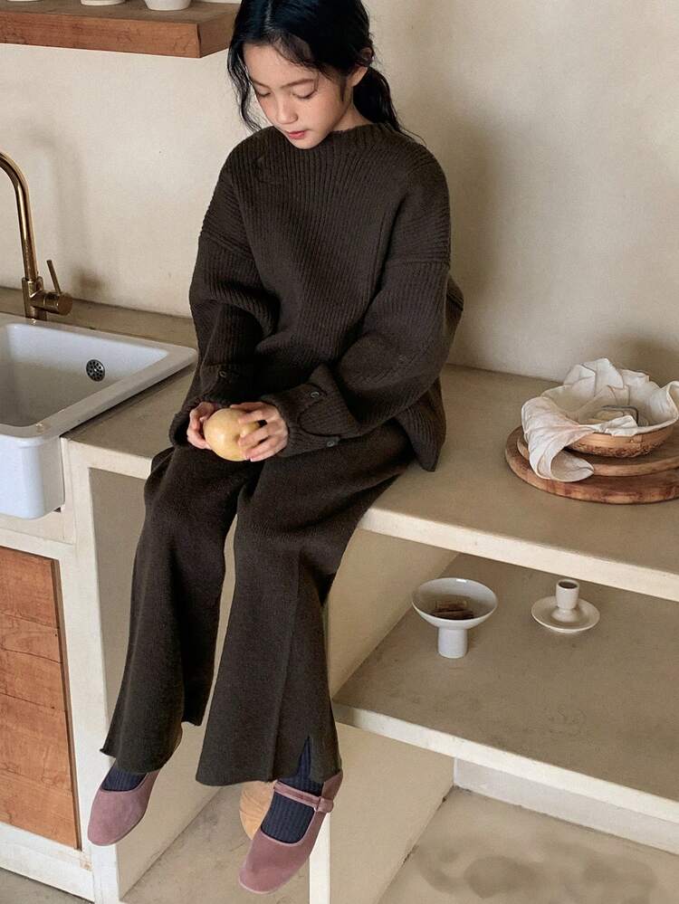 Tween Girl Solid Color Crew Neck Long Sleeve Sweater And Pants Casual Outfit