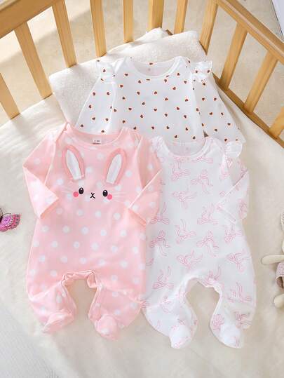 Newborn Baby Pajamas-3 Pieces Pajama Pink And White Bunny Heart And Polka Dot Prints Round Neck Long Sleeve Footed Jumpsuits Newborn Essentials Four Season Holiday 2026 Must Have Gift Easy Snap Machine Washable Adorable Pastel