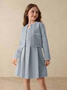 Setelan Jaket Tweed Lengan Panjang Warna Biru Muda Elegan dan Gaun Pendek Tanpa Lengan Berpinggang Tinggi untuk Remaja Perempuan, Cocok untuk Kembali ke Sekolah atau Wisuda Musim Gugur - Biru - View 3