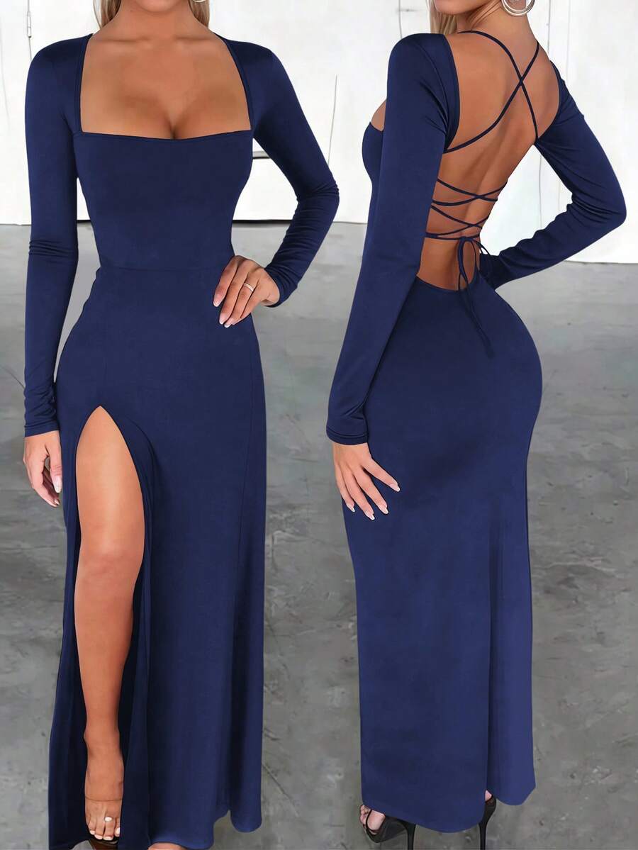 Zyxie 修身性感方领露背系带下摆高开衩长袖连衣裙（女款） - 寶藍色 - 查看 1