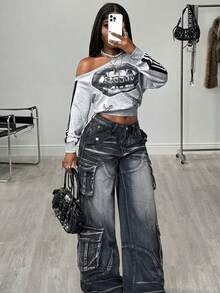 BamGleam Sudadera corta de manga larga con patrón de boca y cuello asimétrico, para mujer en invierno - Gris - Ver 5