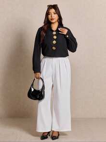 Elaquor Plus Size Women Metal Floral Decor Long Sleeve Shirt And Pleated Wide Leg Pants Casual 2 Piece Set - Black - View 4