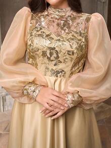 Aureia Váy cưới chữ A tay bồng cổ cao sang trọng, đính sequin lấp lánh, lãng mạn cỡ lớn, phù hợp cho đám cưới, tiệc tùng, lễ kỷ niệm, sự kiện trang trọng, váy dạ hội (Thiết kế đính đá lộng lẫy) - Rượu sâm banh - Xem 3