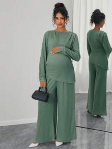 Momance Maternity Solid Waffle Knit Ruched Side Asymmetrical Hem Tee & Wide Leg Pants Set - Green - View 2