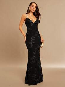 Silquee 优雅提花针织露背连衣裙 - 黑色 - 查看 4