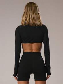 Musera Sport Long Sleeve Scrunch Sports Top And Longline Active Shorts Cycling Padel, Tennis, Pickleball Gym Fitness Yoga Pilates Daily Casual - Black - View 4