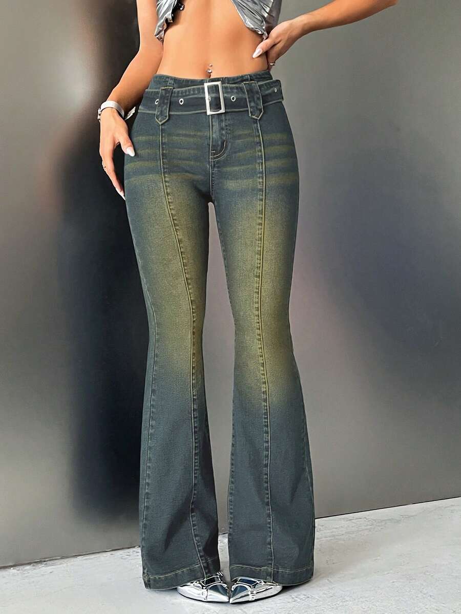 SHEIN ICON Women's Low Waist Flared Leg Double Button Jeans - Dark Wash - View 1