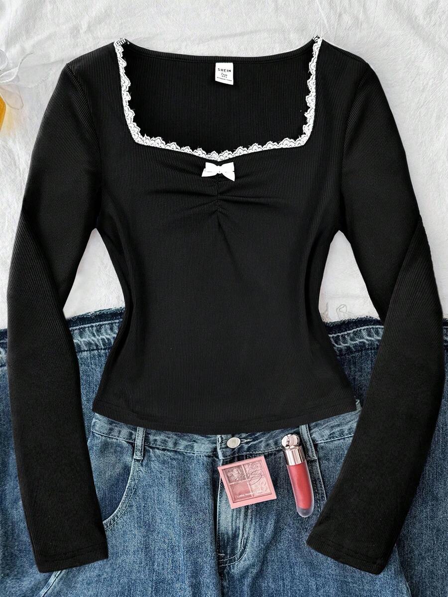 Camiseta casual de manga larga con busto fruncido y ribete de encaje, de punto azul para adolescentes - Negro - Ver 1