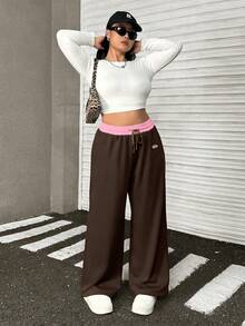 Muchica 大码休闲宽松抽绳阔腿运动裤 - 棕色 - 查看 4