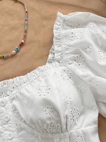 Soleia 女士纯色短款泡泡袖时尚刺绣短上衣 - 白色 - 查看 4