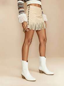 Daringsoles 女士白色PU皮革西部牛仔中筒靴，侧拉链，刺绣，美式风格踝靴，百搭尖头粗跟踝靴，圣诞节必备 - 白色 - 查看 7