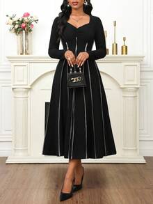 SHEIN Lady Women's Elegant Party Seam Pleated Mid-Length Dress - Black - View 2