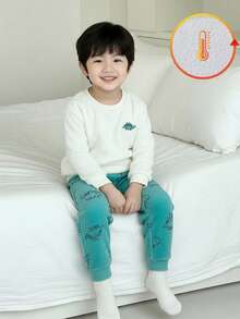 男童加厚柔软超细抓绒可爱小恐龙印花圆领长袖上衣和恐龙印花长裤套装 - 彩色 - 查看 1